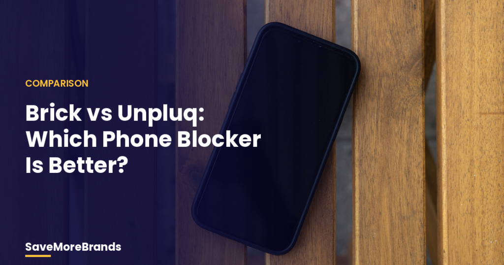 Smartphone lying face up on a wooden slatted table with the title Brick vs Unpluq