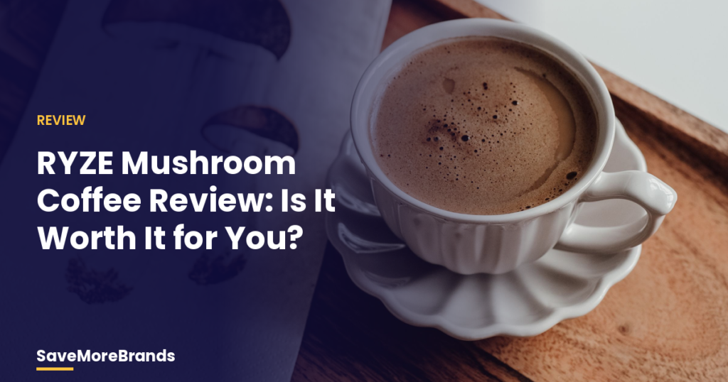 Cup of coffee on a wooden table with the title RYZE Mushroom Coffee Review