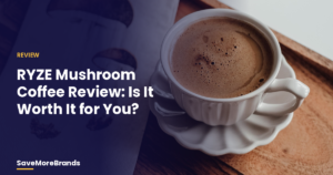 Cup of coffee on a wooden table with the title RYZE Mushroom Coffee Review