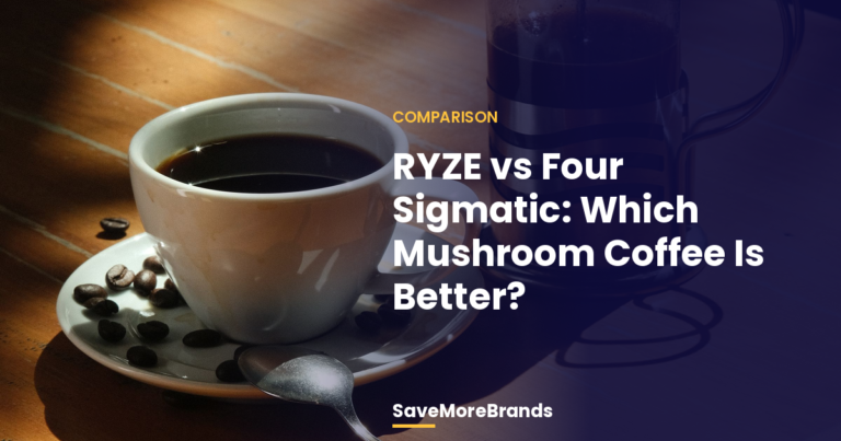 Cup of black coffee and a French press on a sunlit wooden table with the title RYZE vs Four Sigmatic