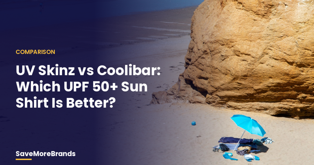 Blue beach umbrella on sunny sand beside a sandstone cliff with the title UV Skinz vs Coolibar