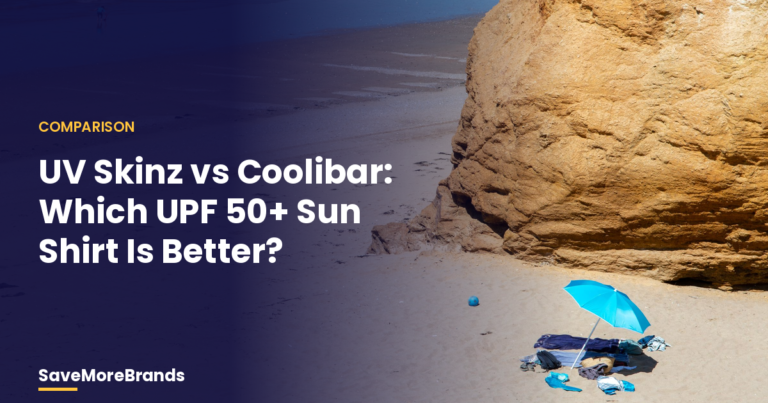 Blue beach umbrella on sunny sand beside a sandstone cliff with the title UV Skinz vs Coolibar